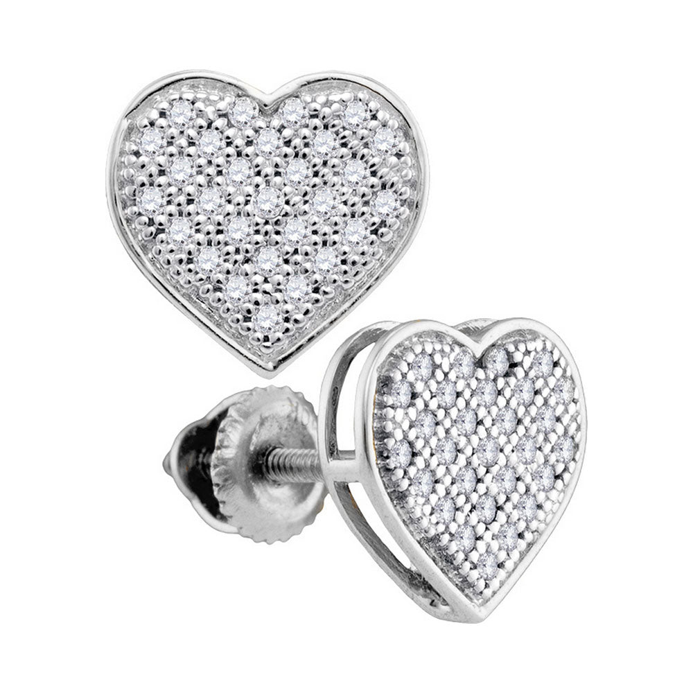 10kt White Gold Womens Round Diamond Heart Cluster Screwback Earrings 1/6 Cttw