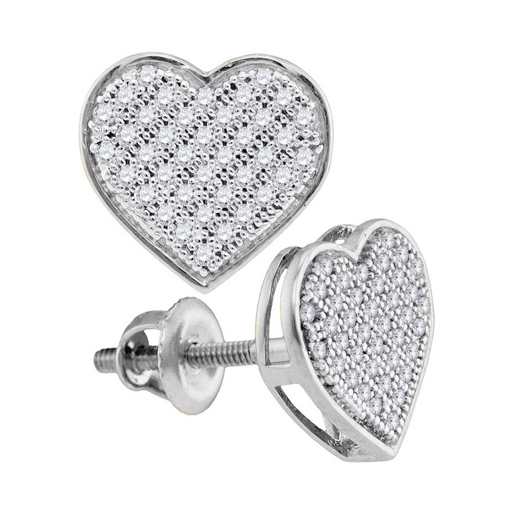 10kt White Gold Womens Round Diamond Heart Cluster Screwback Earrings 1/5 Cttw