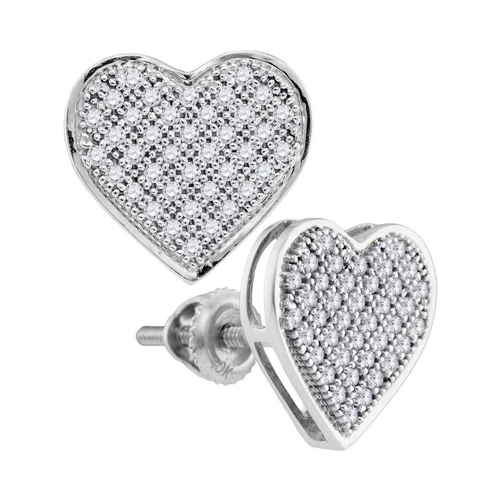 10kt White Gold Womens Round Diamond Heart Cluster Screwback Earrings 1/4 Cttw