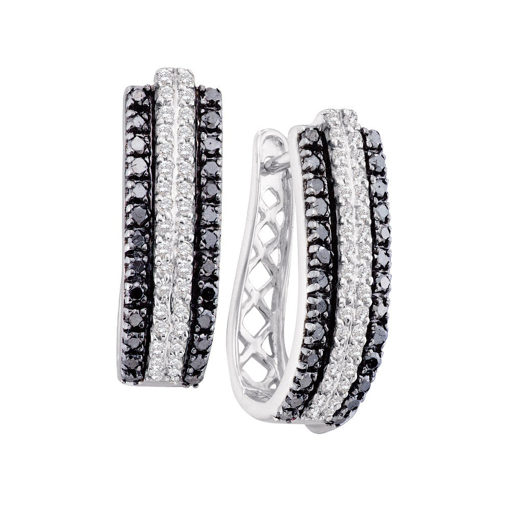 14kt White Gold Womens Round Black Color Enhanced Diamond Triple Row Vertical Stripe Hoop Earrings 1.00 Cttw