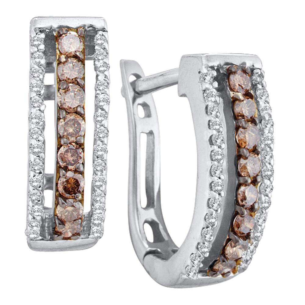 14kt White Gold Womens Round Cognac-brown Color Enhanced Diamond Triple Row Huggie Earrings 3/8 Cttw