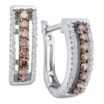 14kt White Gold Womens Round Cognac-brown Color Enhanced Diamond Triple Row Huggie Earrings 3/8 Cttw