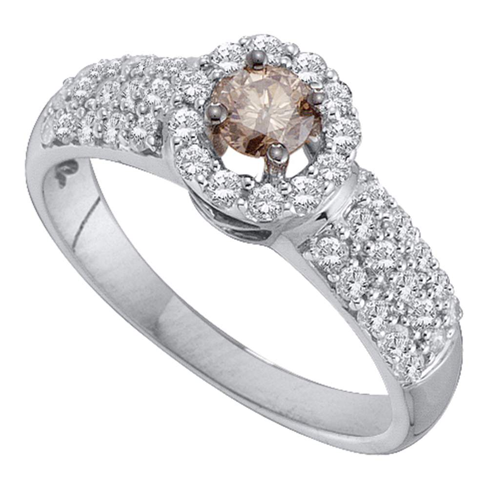 14kt White Gold Womens Round Cognac-brown Color Enhanced Diamond Solitaire Halo Bridal Wedding Engagement Ring 3/4 Cttw