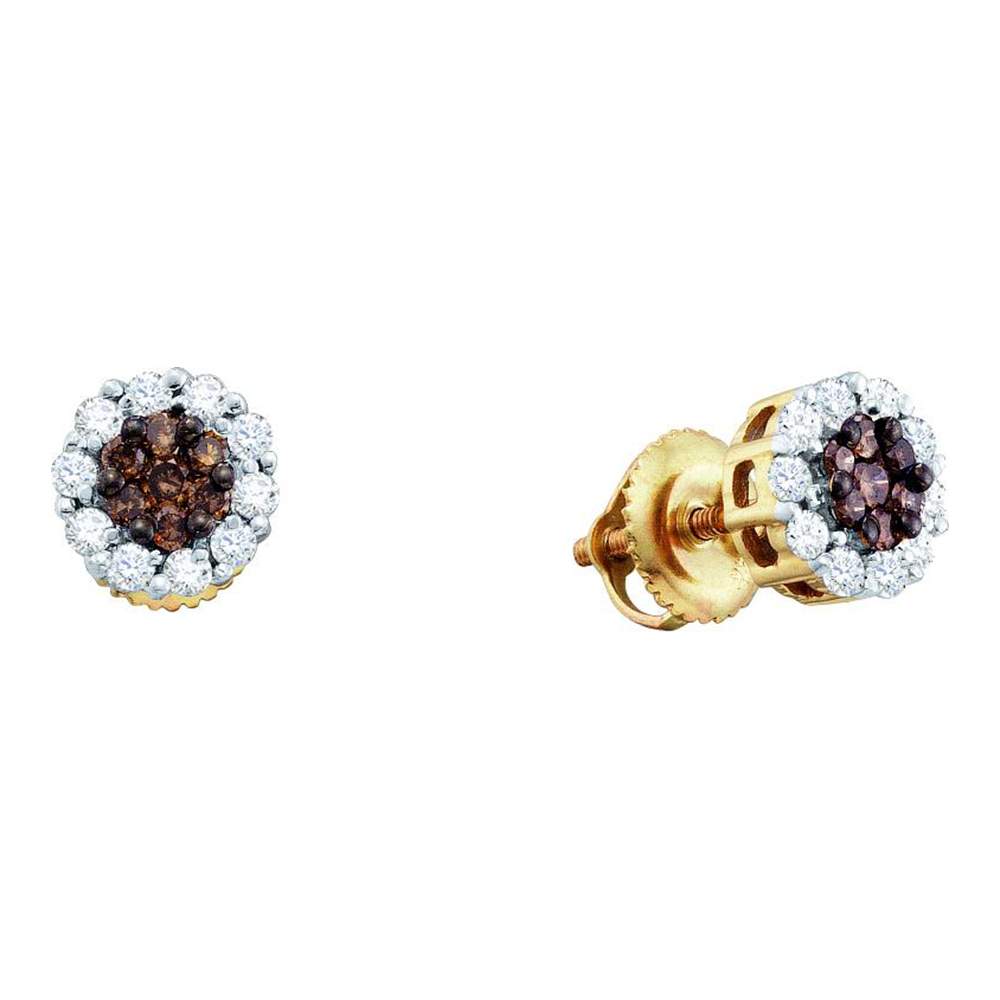 14kt Yellow Gold Womens Round Cognac-brown Color Enhanced Diamond Cluster Earrings 1.00 Cttw