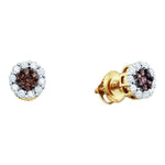 14kt Yellow Gold Womens Round Cognac-brown Color Enhanced Diamond Cluster Earrings 1.00 Cttw