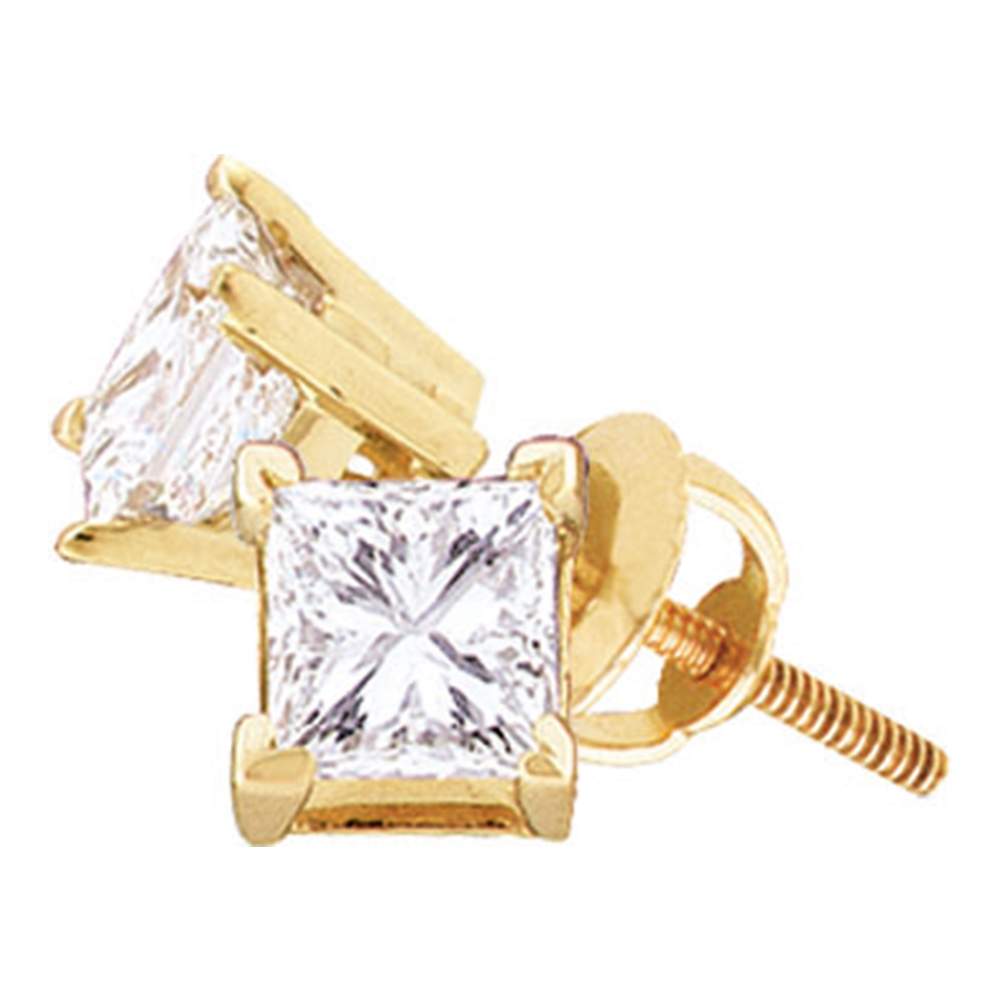 14kt Yellow Gold Unisex Princess Diamond Solitaire Stud Earrings 1/6 Cttw