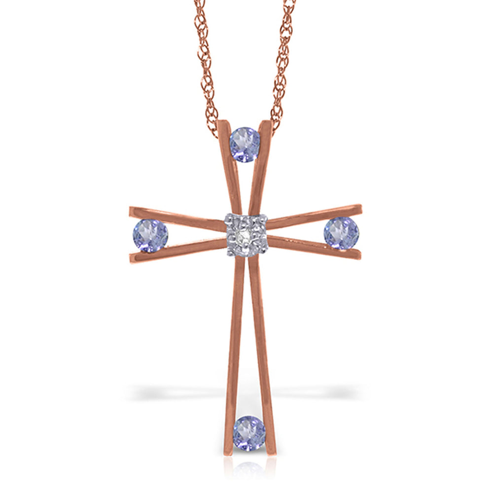 14K Solid Rose Gold Cross Necklace withNatural Diamond & Tanzanites