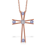 14K Solid Rose Gold Cross Necklace withNatural Diamond & Tanzanites
