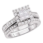 14kt White Gold Womens Princess Diamond Halo Bridal Wedding Engagement Ring Band Set 1-1/2 Cttw