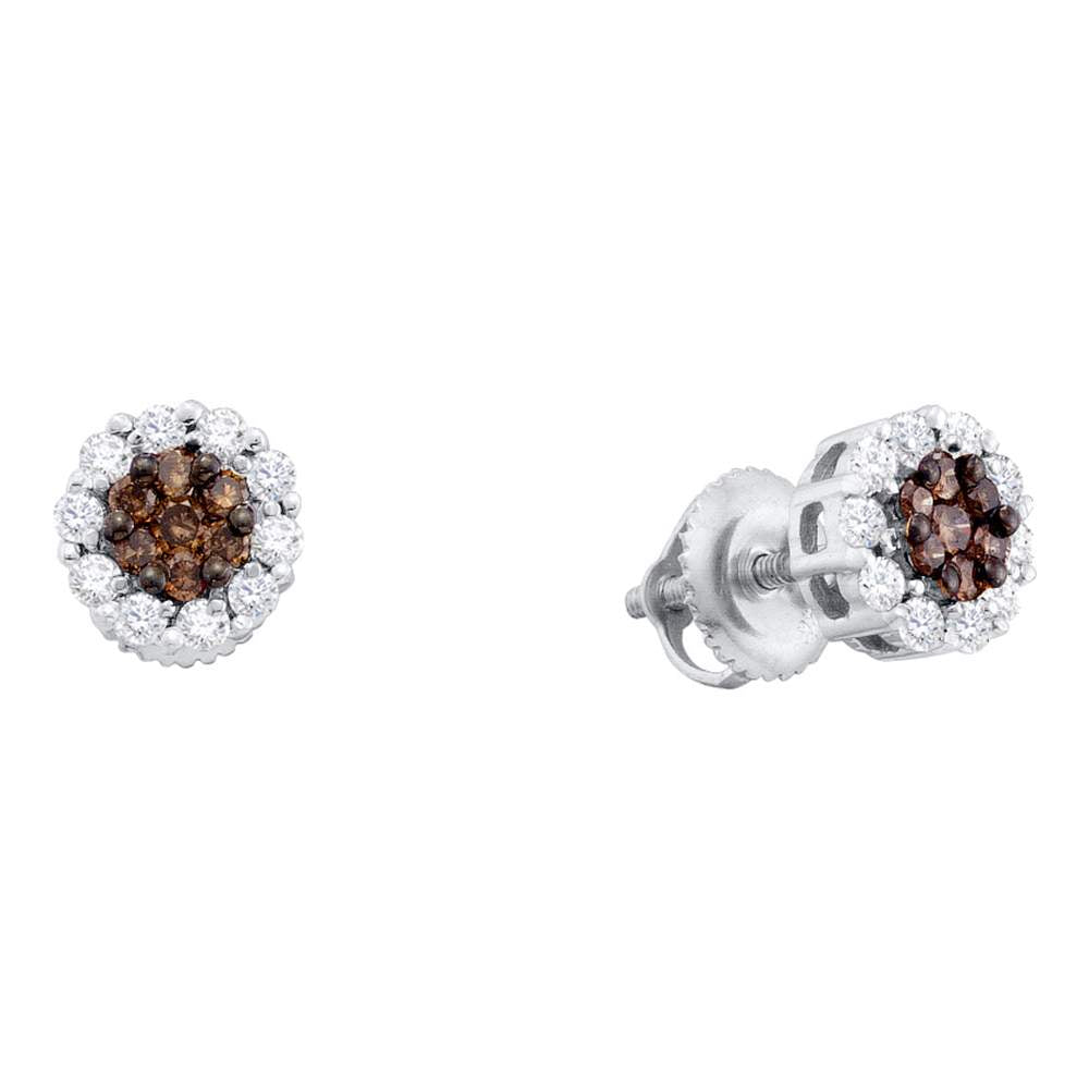 14k White Gold Womens Cognac-brown Color Enhanced Diamond Halo Flower Cluster Screwback Stud Earrings 1/2 Cttw