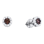 14kt White Gold Womens Round Cognac-brown Color Enhanced Diamond Cluster Earrings 1.00 Cttw