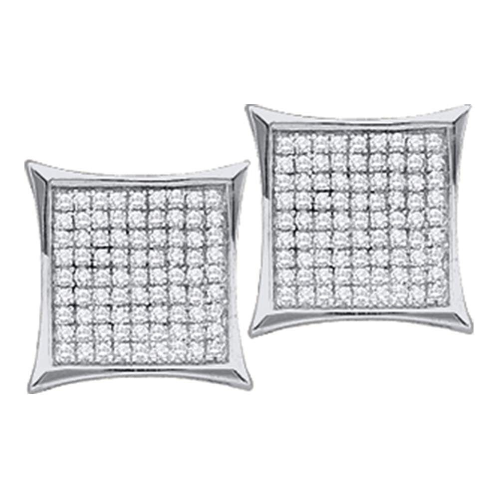 10kt White Gold Womens Round Diamond Square Kite Cluster Stud Earrings 1/20 Cttw