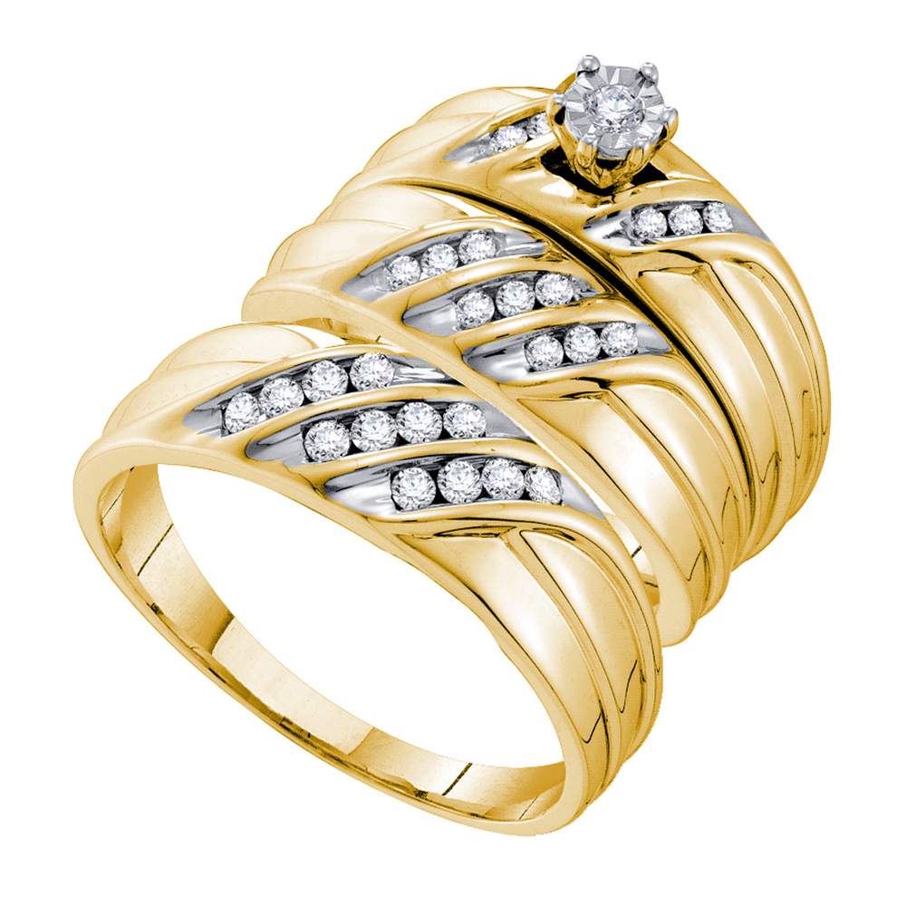 14kt Yellow Gold His & Hers Round Diamond Solitaire Matching Bridal Wedding Ring Band Set 3/8 Cttw