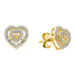 10kt Yellow Gold Womens Round Diamond Heart Love Cluster Earrings 1/12 Cttw