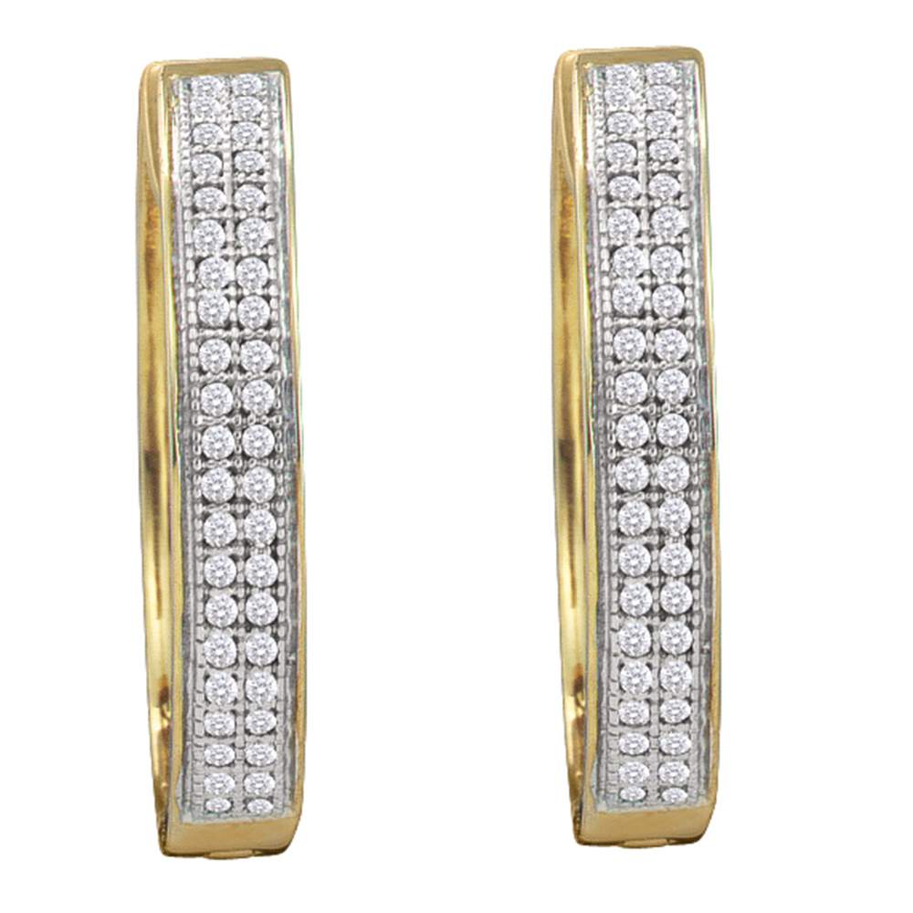 10kt Yellow Gold Womens Round Diamond Double Row Pave Hoop Earrings 1/4 Cttw