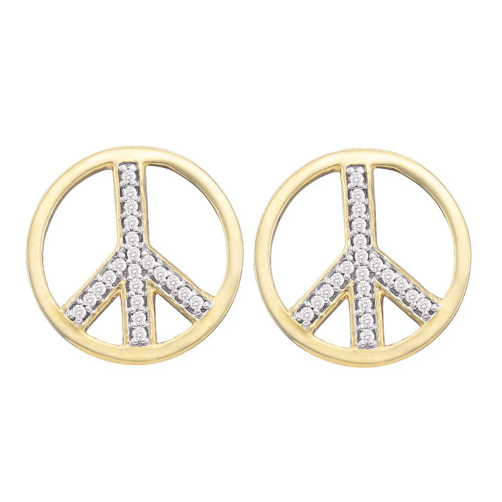 10kt Yellow Gold Womens Round Diamond Peace Sign Circle Stud Screwback Earrings 1/6 Cttw