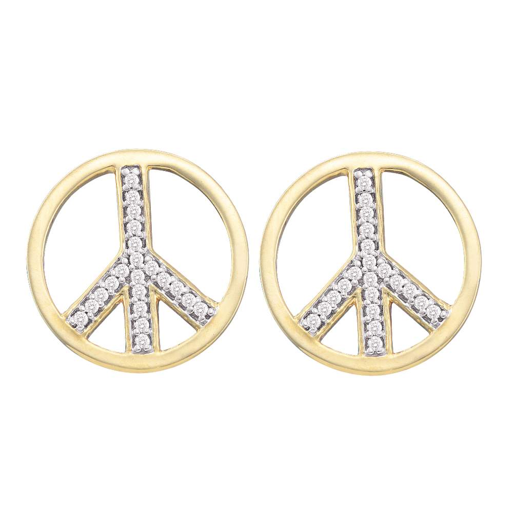 10kt Yellow Gold Womens Round Diamond Peace Sign Circle Stud Screwback Earrings 1/6 Cttw