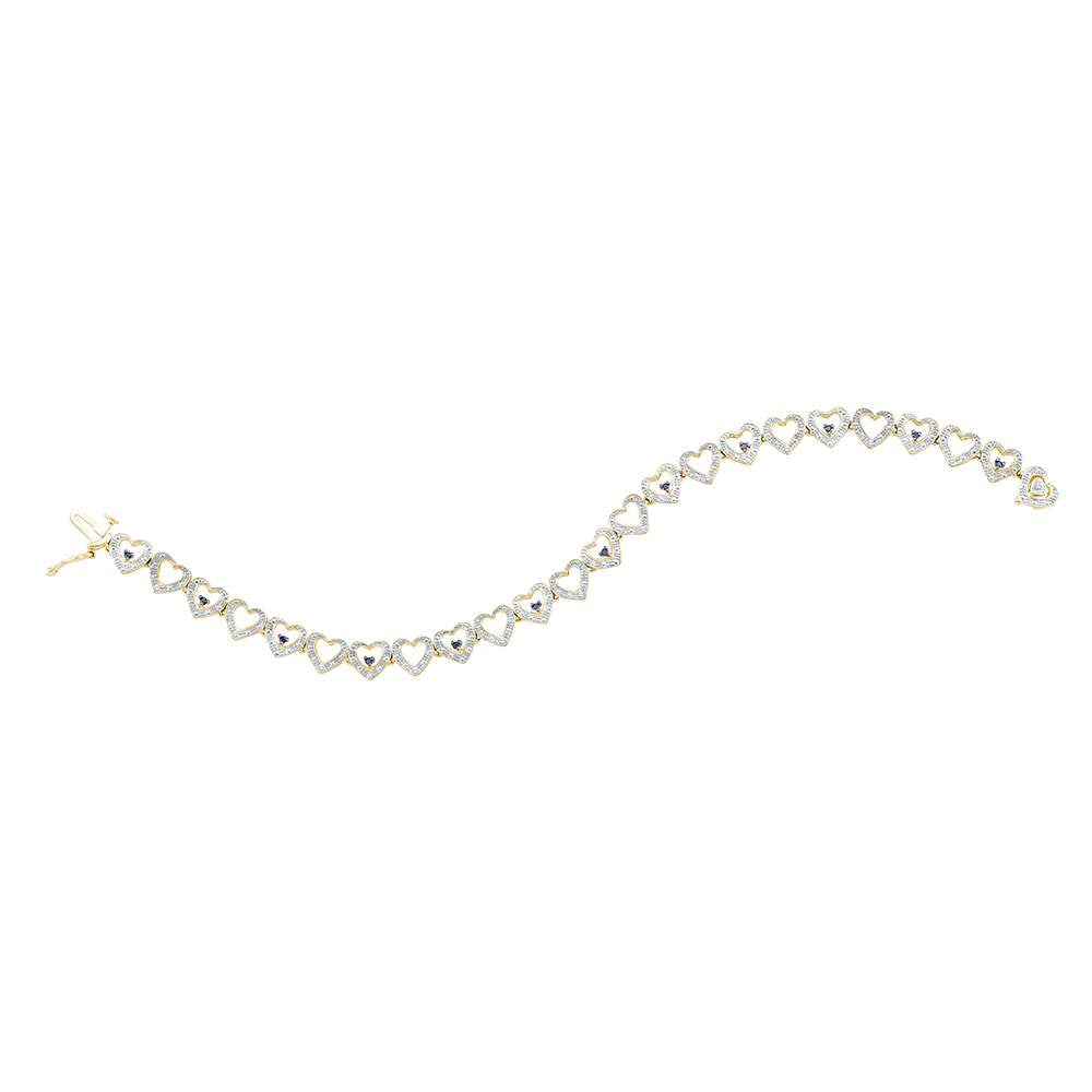 Yellow-tone Sterling Silver Womens Round Black Color Enhanced Diamond Heart Link Bracelet 1/5 Cttw