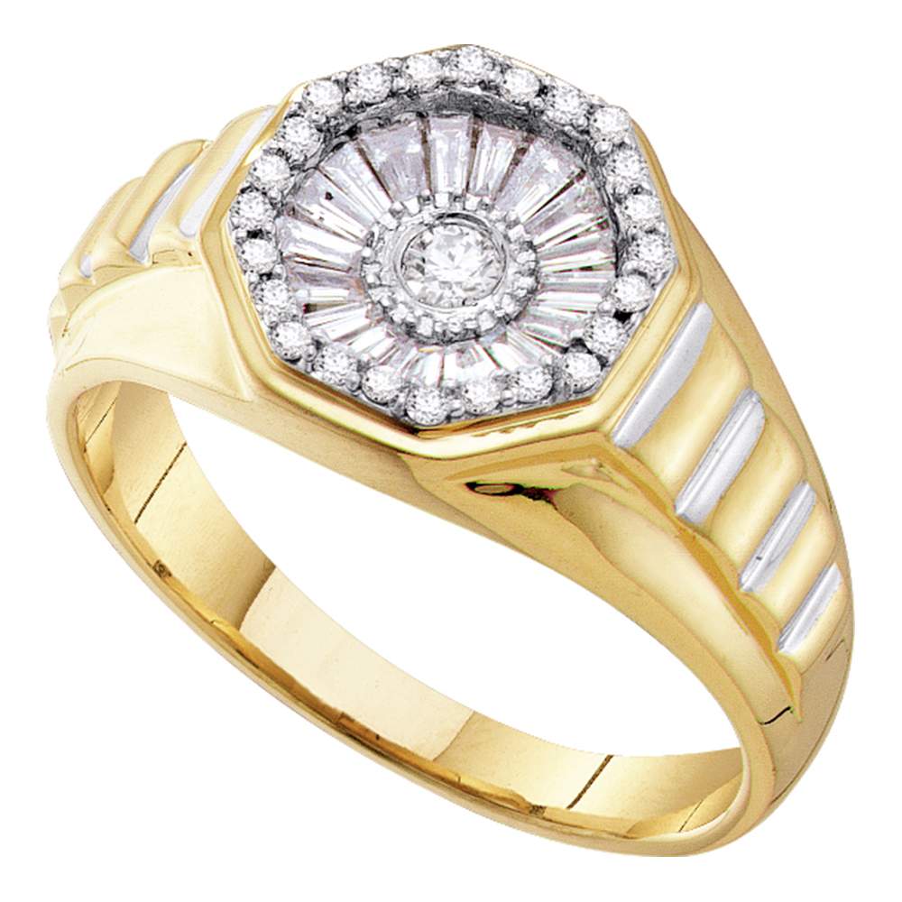 14kt Yellow Gold Mens Round Diamond Two-tone Concave Cluster Ribbed Ring 1/2 Cttw