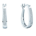 Sterling Silver Womens Round Diamond Oblong Double Row Hoop Earrings 1/6 Cttw