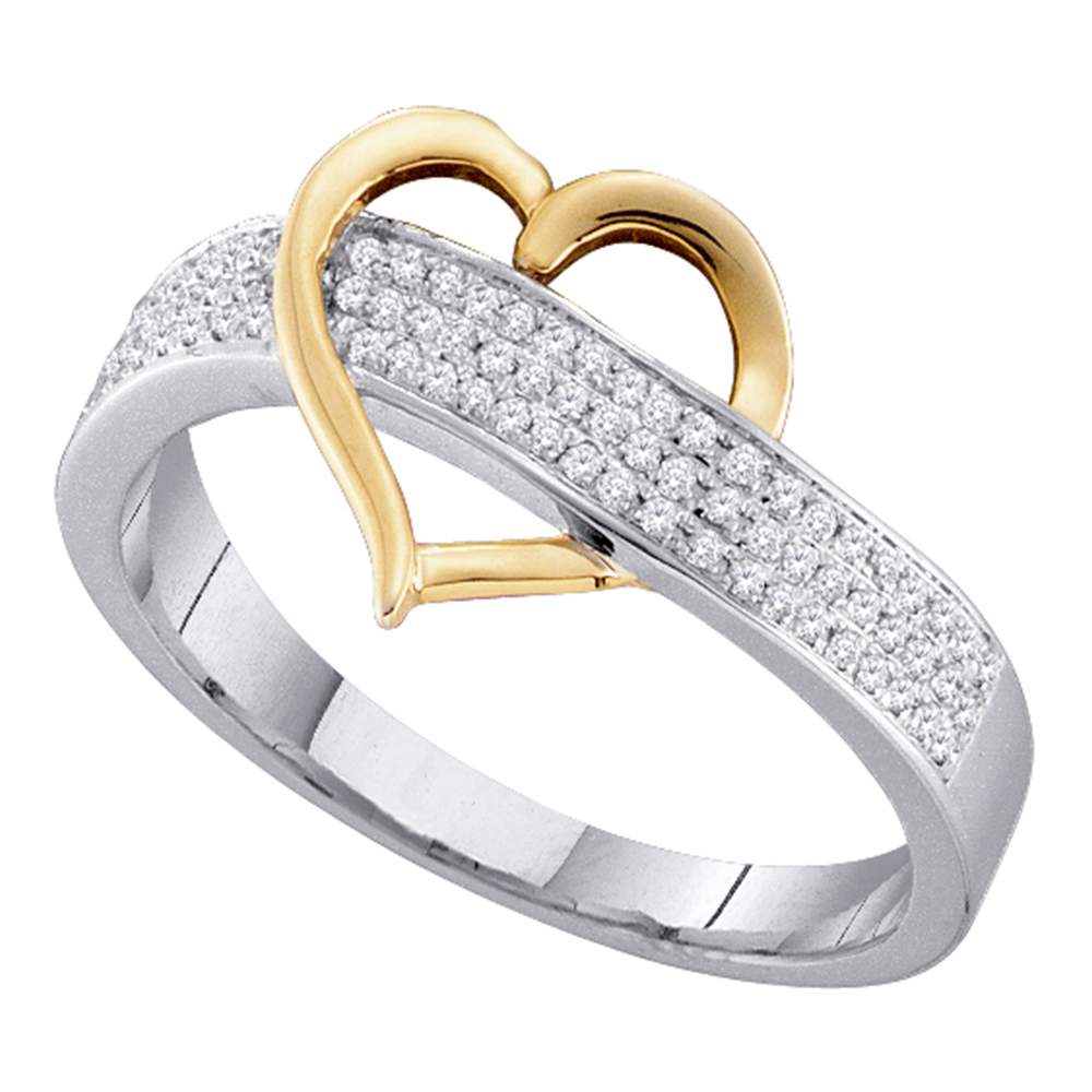 Sterling Silver Two-tone Womens Round Diamond Heart Fashion Band Ring 1/6 Cttw