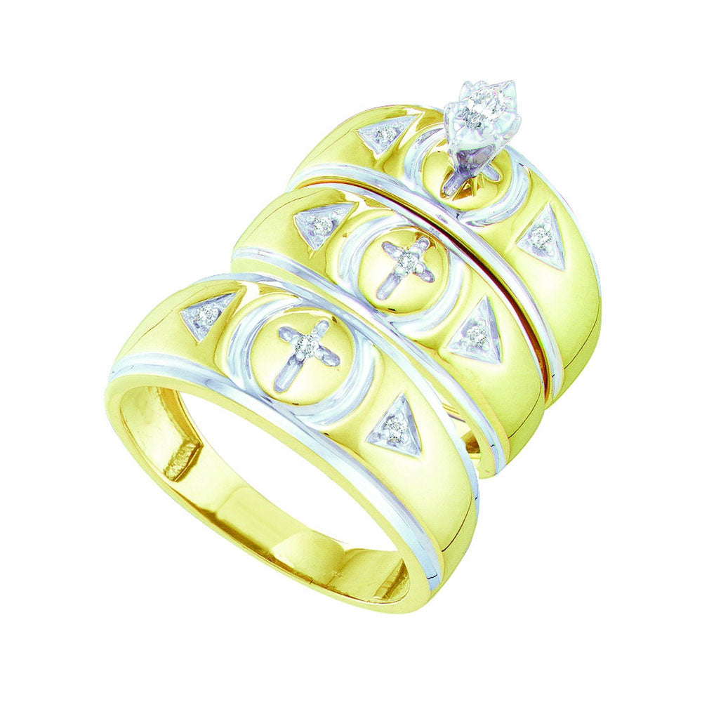 10kt Yellow Gold His & Hers Marquise Diamond Crosses Matching Bridal Wedding Ring Band Set 1/6 Cttw
