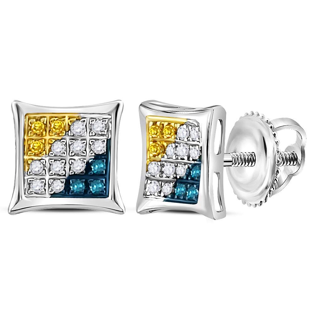 Sterling Silver Womens Round Yellow Blue Color Enhanced Diamond Square Kite Stud Earrings 1/10 Cttw