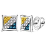 Sterling Silver Womens Round Yellow Blue Color Enhanced Diamond Square Kite Stud Earrings 1/10 Cttw