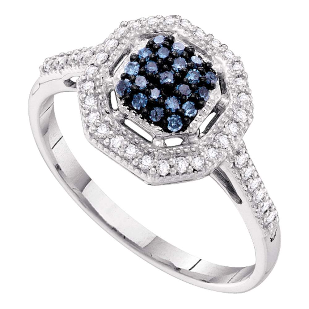 10kt White Gold Womens Round Blue Color Enhanced Diamond Octagon Cluster Ring 1/4 Cttw