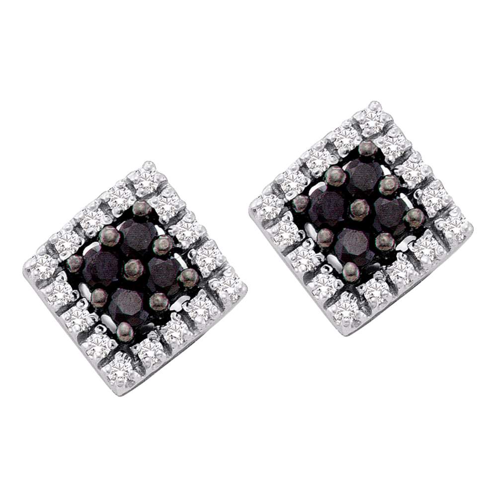 10kt White Gold Womens Round Black Color Enhanced Diamond Square Cluster Screwback Earrings 1/4 Cttw