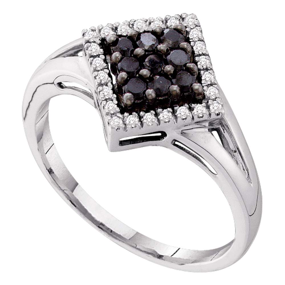 10kt White Gold Womens Round Black Color Enhanced Diamond Diagonal Square Cluster Ring 1/5 Cttw