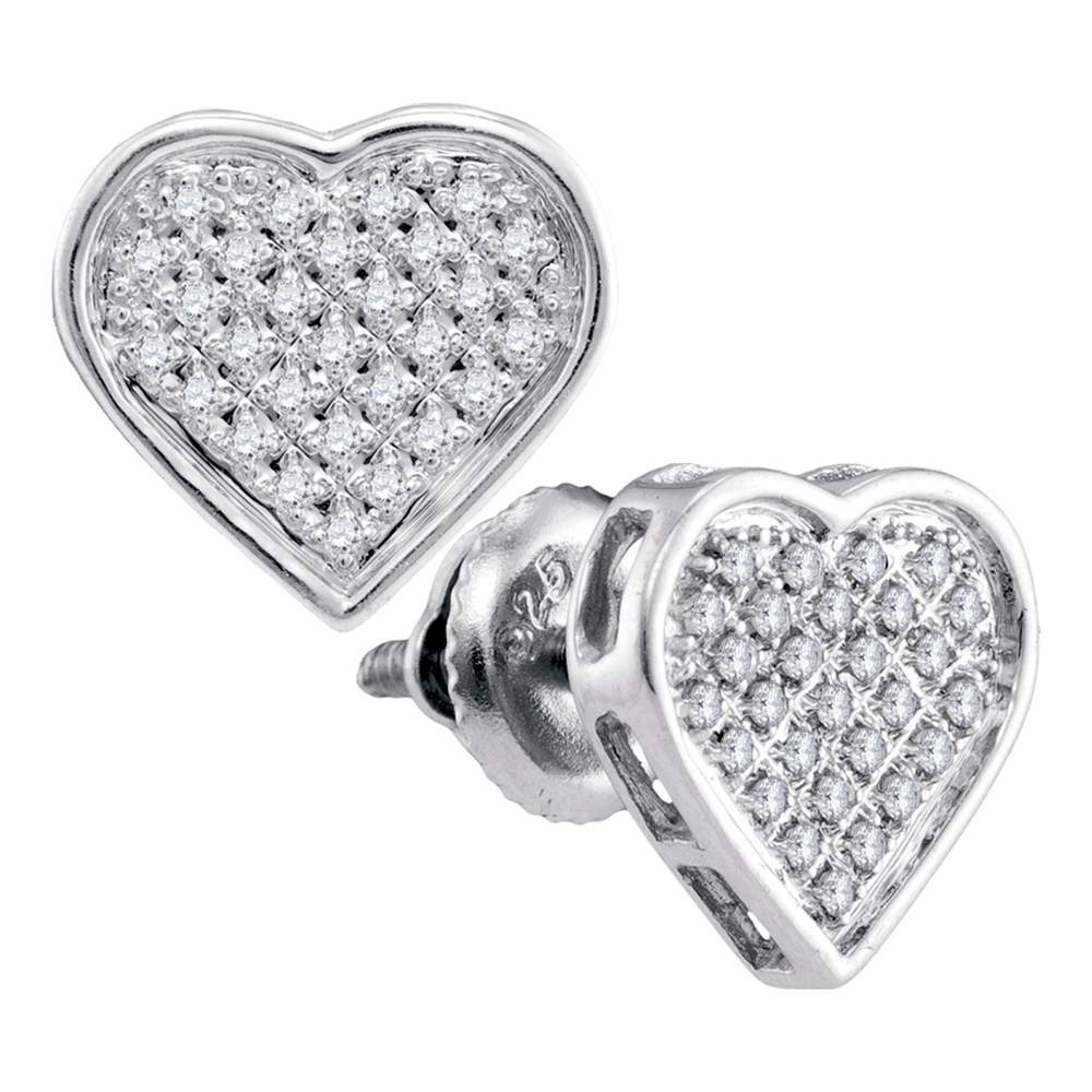 Sterling Silver Womens Round Diamond Heart Love Cluster Earrings 1/8 Cttw