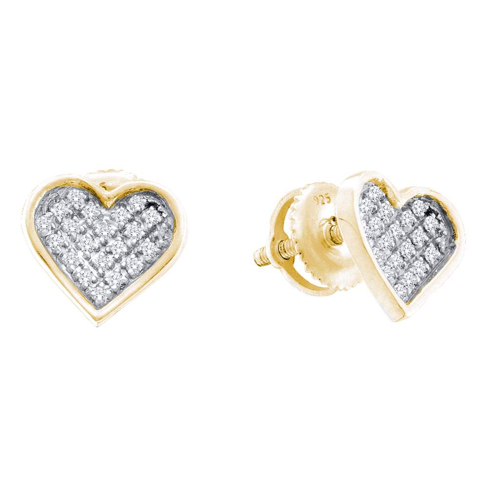 Yellow-tone Sterling Silver Womens Round Diamond Heart Cluster Stud Earrings 1/20 Cttw
