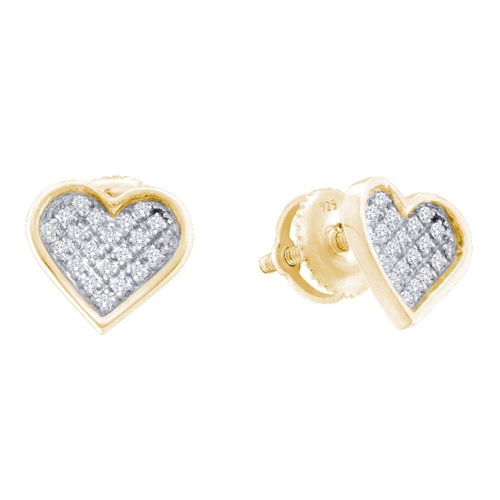 Sterling Silver Womens Round Diamond Yellow-tone Heart Love Cluster Earrings 1/10 Cttw