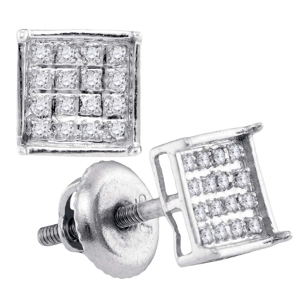 Sterling Silver Womens Round Diamond Square Cluster Screwback Earrings 1/10 Cttw