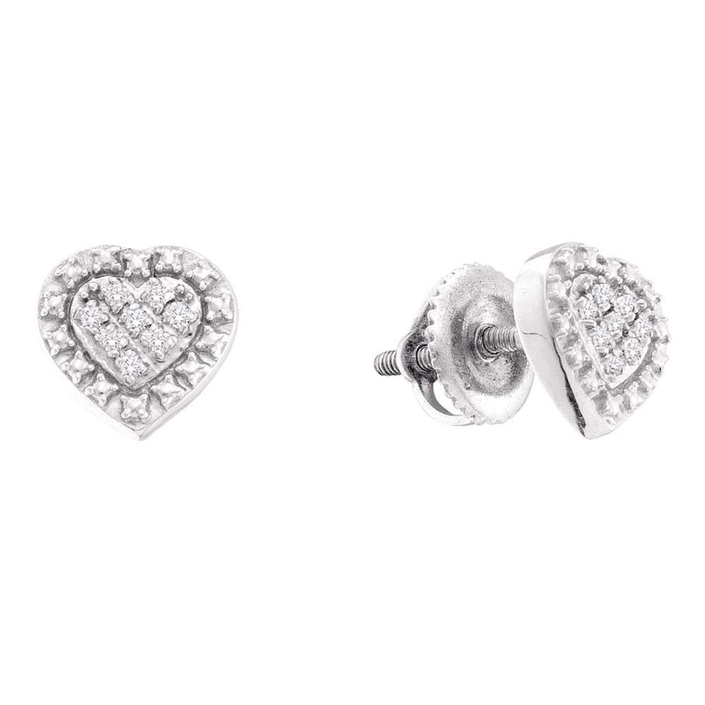 Sterling Silver Womens Round Diamond Heart Cluster Stud Earrings 1/20 Cttw