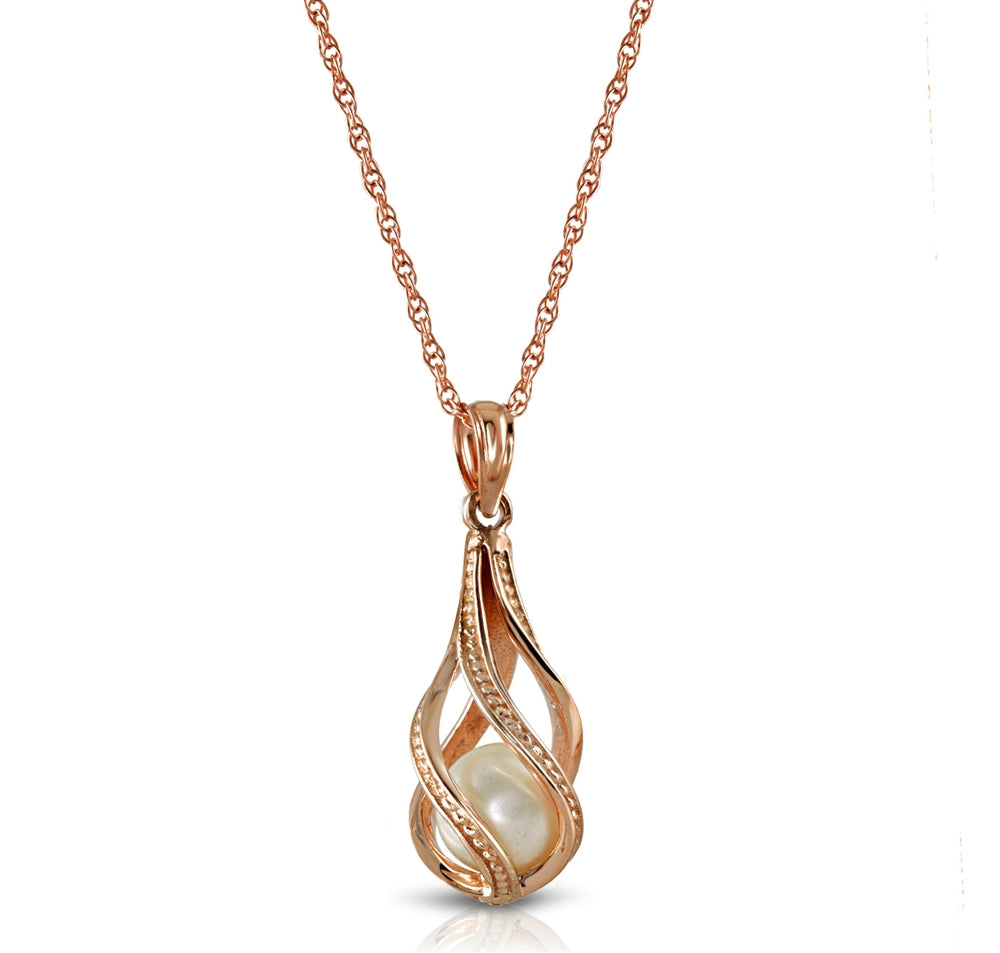 14K Solid Rose Gold Necklace With Natural Pearl Pendant  Cage Water Drop Spiral Design