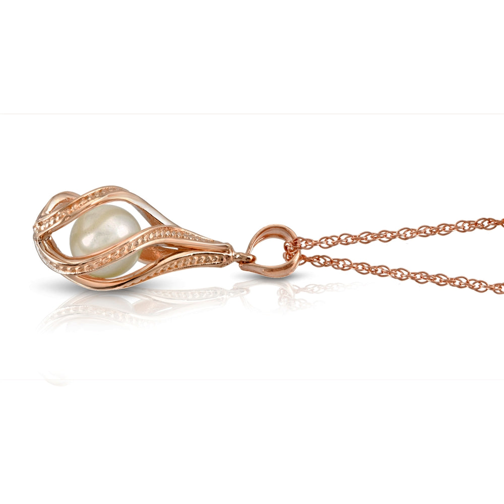 14K Solid Rose Gold Necklace With Natural Pearl Pendant  Cage Water Drop Spiral Design