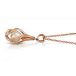 14K Solid Rose Gold Necklace With Natural Pearl Pendant  Cage Water Drop Spiral Design