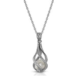 14K Solid White Gold Necklace With Natural Pearl Pendant  Cage Water Drop Spiral Design