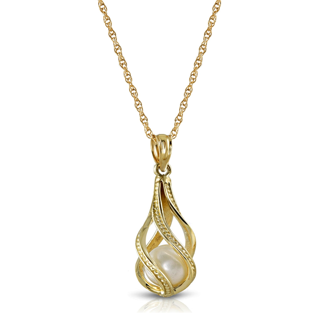 14K Solid Yellow Gold Necklace With Natural Pearl Pendant  Cage Water Drop Spiral Design