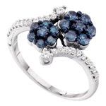 10kt White Gold Womens Round Blue Color Enhanced Diamond Double Flower Cluster Ring 3/4 Cttw