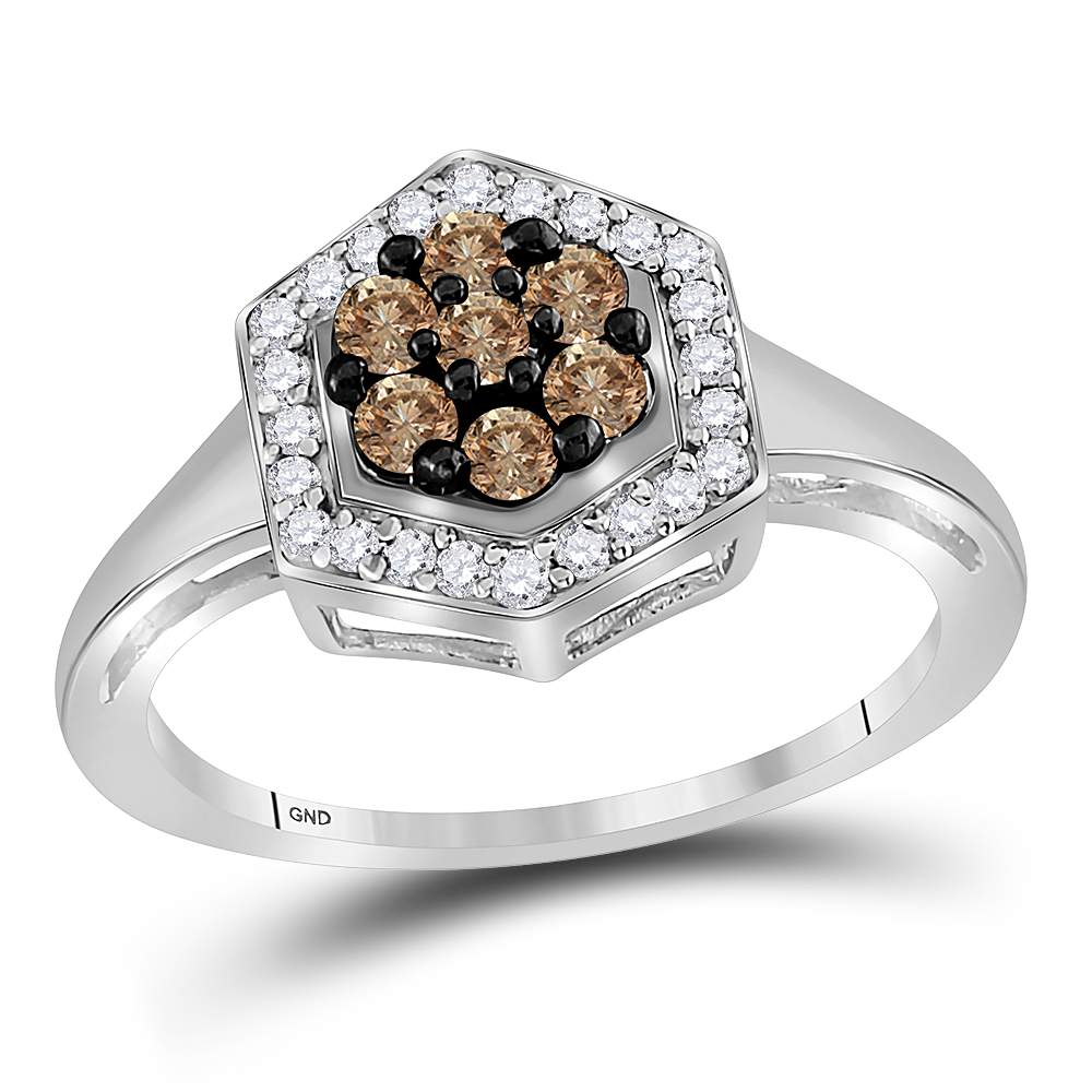 10kt White Gold Womens Round Cognac-brown Color Enhanced Diamond Polygon Cluster Ring 1/2 Cttw