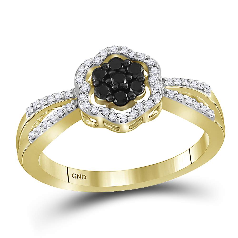 10kt Yellow Gold Womens Round Black Color Enhanced Diamond Flower Cluster Ring 1/3 Cttw