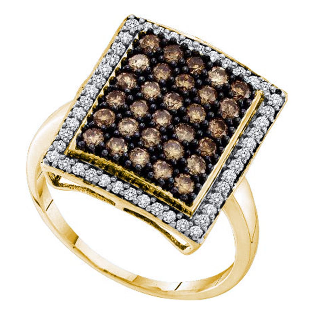 10kt Yellow Gold Womens Round Cognac-brown Color Enhanced Diamond Rectangle Cluster Ring 1.00 Cttw