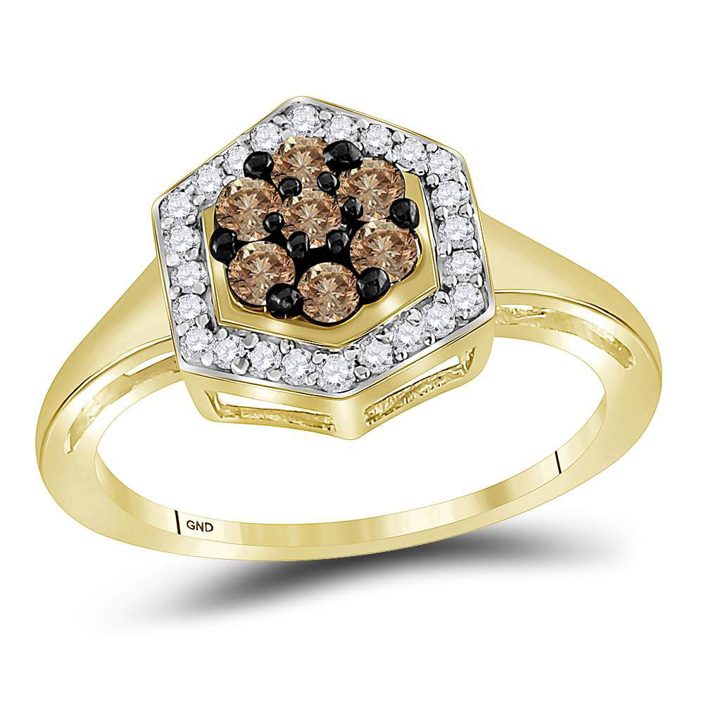 10kt Yellow Gold Womens Round Cognac-brown Color Enhanced Diamond Polygon Cluster Ring 1/2 Cttw