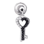 10kt White Gold Womens Round Black Color Enhanced Diamond Key Heart Dangle Earrings 1/6 Cttw