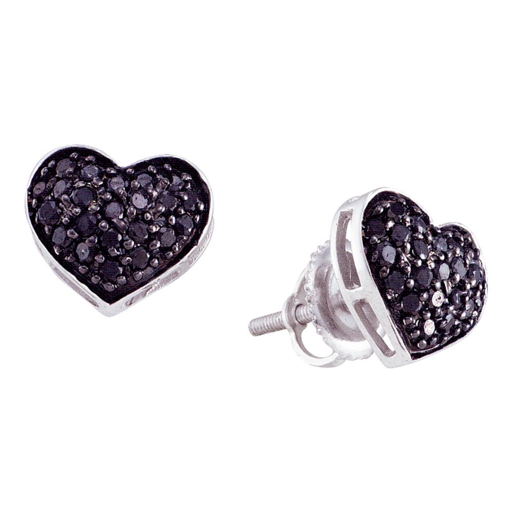10kt White Gold Womens Round Black Color Enhanced Diamond Heart Cluster Earrings 3/8 Cttw