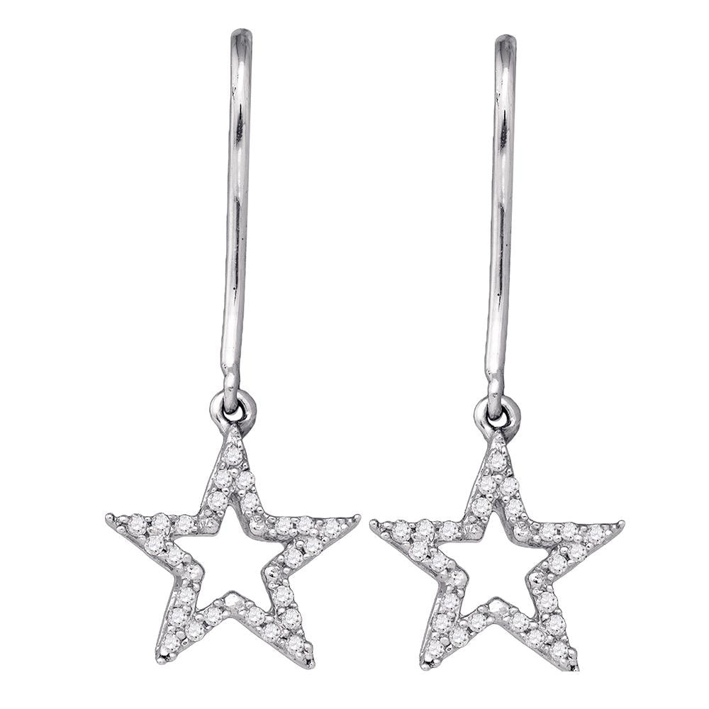 10kt White Gold Womens Round Diamond Star Dangle Earrings 1/8 Cttw