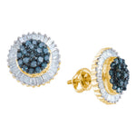 10kt Yellow Gold Womens Round Blue Color Enhanced Diamond Cluster Earrings 1.00 Cttw